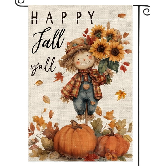 Happy Fall Y'all Garden Flag Scarecrow Welcome Small Flags for Outside, 12x18 Inch Pumpkin Sunflower Maple Leaves Double Sided Burlap Autumn Thanksgiving Harvest Outdoor Yard Decoration