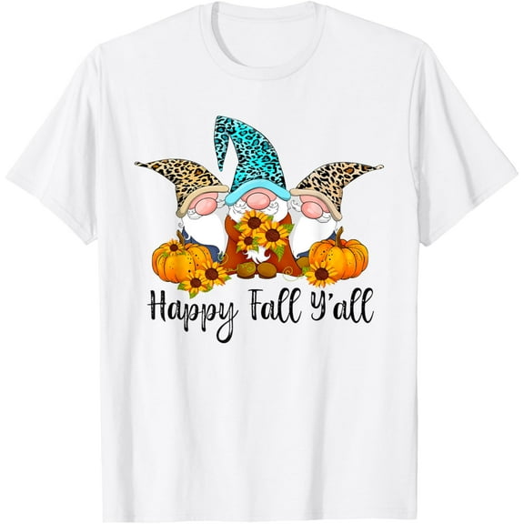 Happy Fall Y'all Gnome Leopard Pumpkin Funny Autumn Gnomes T-ShirtMen and women, White T-shirt, size: Extra large