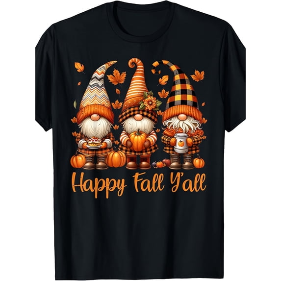 Happy Fall Y'all Gnomes Graphic T‑Shirt, Pumpkin Maple Leaf Thanksgiving Autumn Short‑Sleeve Casual Unisex Tee
