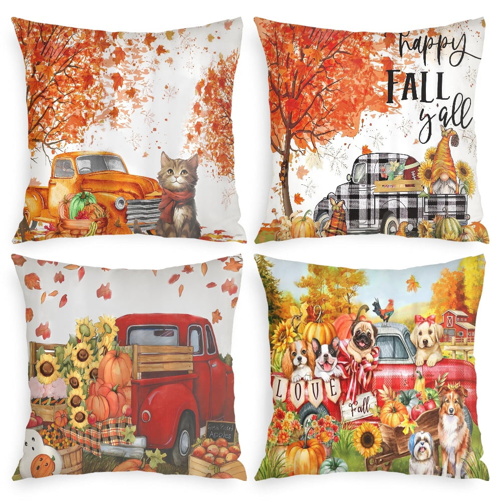 Happy Fall Y'all Pillow Covers,Pumpkin Truck Dog Outdoor Fall Pillows