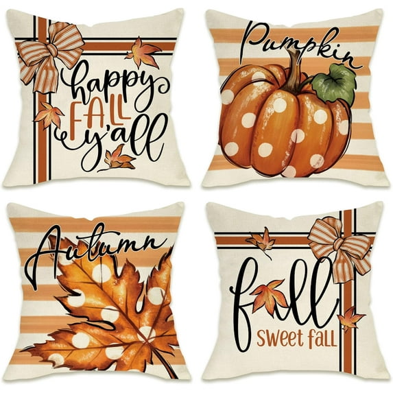 Happy Fall Y''all Pumpkin Decorative Throw Pillow Covers 18 x 18 Set of 4, Autumn Polka Dots Maple Leaf Porch Patio Outdoor Pillowcase, Farmhouse Thanksgiving Stripes Cushion Case Home Decor