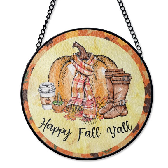 Happy Fall Y'all Pumpkin Suncatcher, Stained Glass Style UV Printed Glass, Autumn Seasonal Greeting Decor, Round