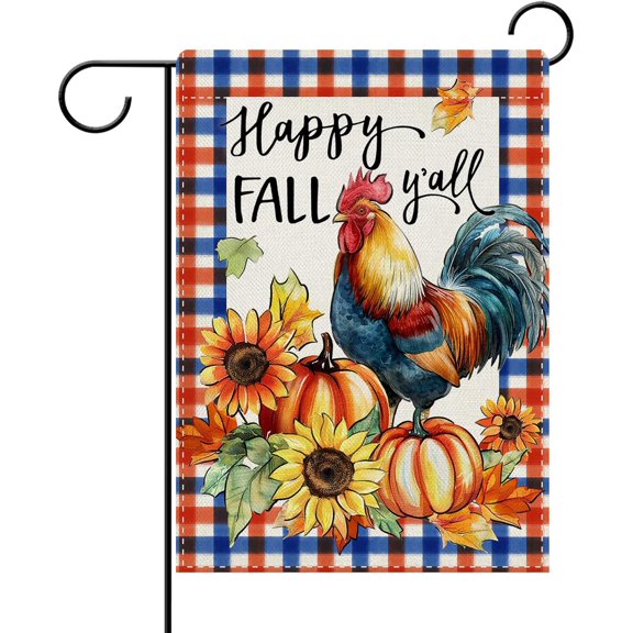 Happy Fall Y'all Rooster Decorative Garden Flag, Autumn Farm Pumpkin Sunflower Maple Leaves Yard Outside Home Decoration, Farmhouse Plaid Burlap Outdoor Small Decor Double Sided 12 x 18