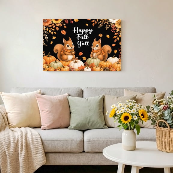 Happy Fall Y'all Squirrel Framed Canvas Wall Art Print in USA,Canvas Pictures Painting Prints Thanksgiving Pumpkins Sunflowers Wall Artwork for Home Office Living Room Bedroom Decor,10"x8"