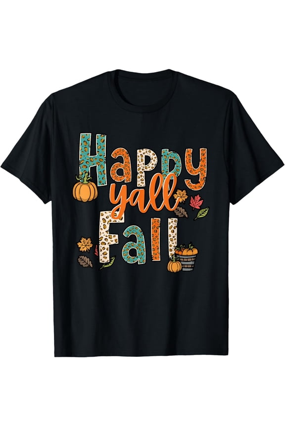 Happy Fall Y'all T-Shirt Retro Leopard Print Pumpkin Autumn Graphic Tee for Men Women Unisex Casual Thanksgiving Top