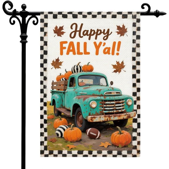 Happy Fall Y'all Thanksgiving Garden Flag For Outside, Thanksgiving Buffalo Plaid Truck With Pumpkins Maple Leaves Garden Flag, Double Sided Seasonal Farmhouse Yard Flags 12x18 Inches