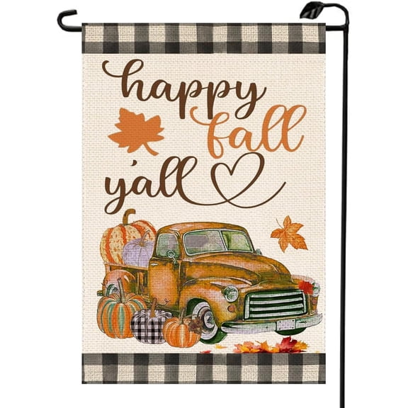 Happy Fall Y''all Truck with Pumpkins Garden Flags 12.5x18 Double Sided Autumn Thanksgiving Harvest Buffalo Plaid Maple Leaves FarmhouseSmall Flags Outside Decorations For Yard QJ20-01 Brown
