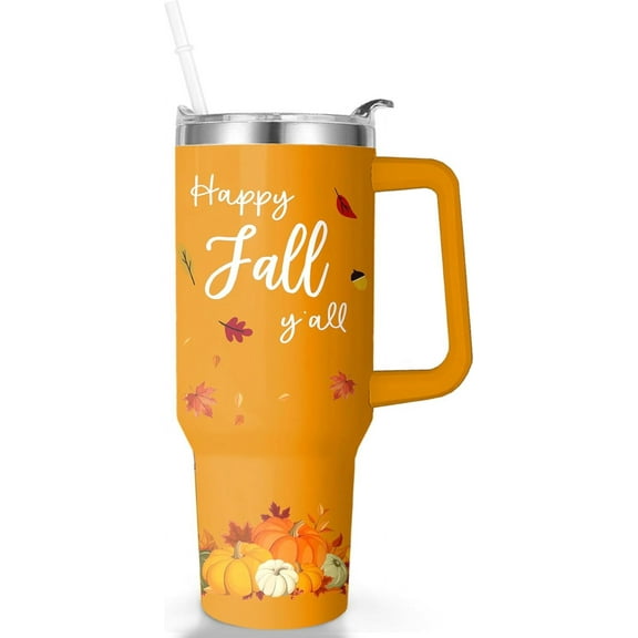 Happy Fall Y''all Tumbler, Fall Cup 40 Oz Tumbler with Handle and Straw Lid, Insulated Autumn Mugs Keeps Drinks Cold & Hot, Stainless Steel Fall Coffee Mug Fall Themed Thanksgiving Gifts For Women
