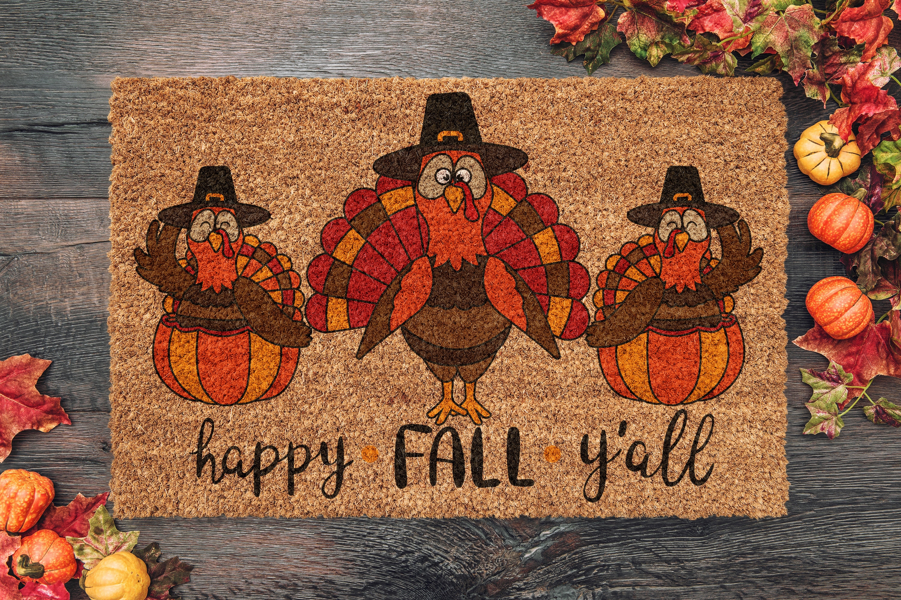 Happy Fall Y'all Turkeys Turkeys Mat Front Door Mat Outdoor
