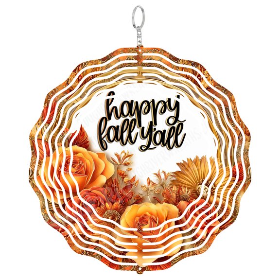Happy Fall Y'all Wind Spinner Metal Outdoor Decor Autumn Floral Orange Gold
