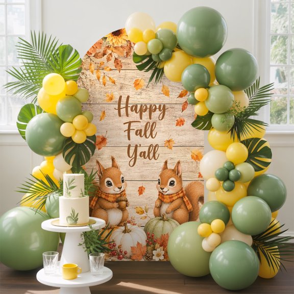 Happy Fall Y'all Words Squirrel Arch Backdrop Cover Spandex Fitted Arch Cover 6.6FT,Arches Backdrop Stand Covers for Wedding Birthday Party Ceremony Banquet Decoration Farm Wood Board Background