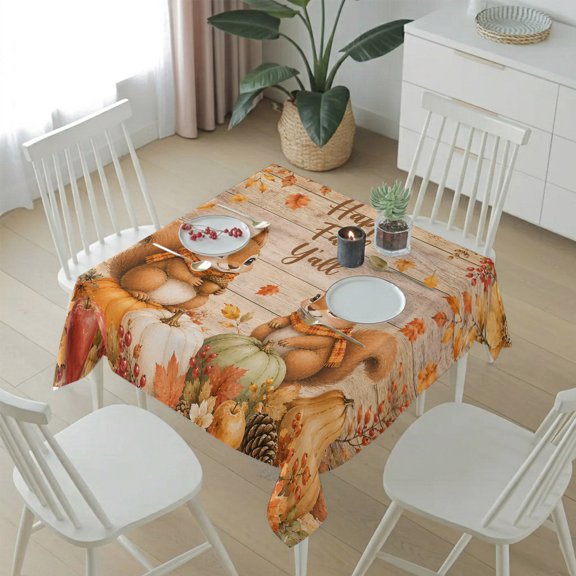 Happy Fall Y'all Words Squirrel Table Cloth 54x54in, Waterproof Square Tablecloth Wipeable Tablecloths Farm Wood Board Background Table Covers for Dining Tables Party Indoor Outdoor