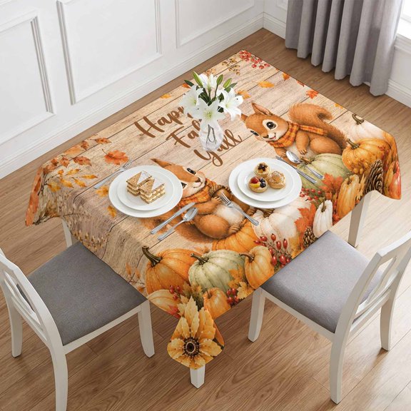 Happy Fall Y'all Words Squirrel Table Cloth 60x84in, Waterproof Rectangle Tablecloth Wipeable Tablecloths Farm Wood Board Background Table Covers for Dining Tables Party Indoor Outdoor
