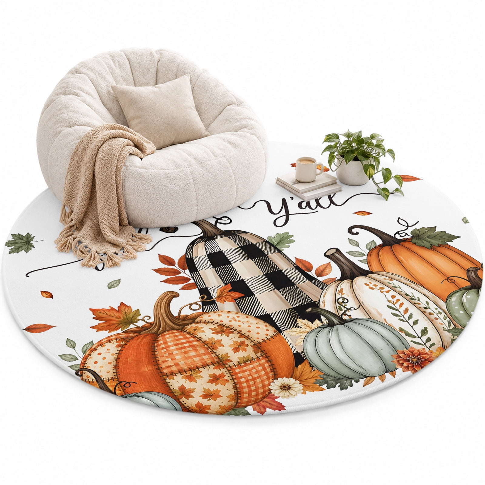 Happy Fall Yall Area Rug 6', Country Black Orange Plaid Pumpkins Leaf ...