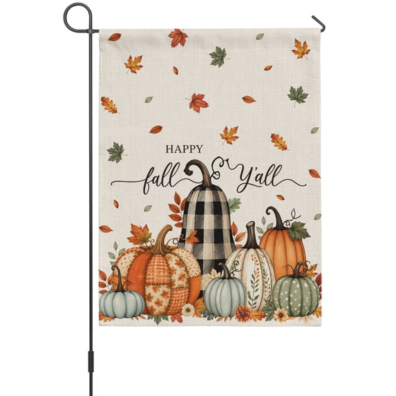 Happy Fall Yall Garden Flag 12 x 18 Inches, Rustic Linen Orange Plaid Pumpkins Leaf Floral Weather Proof Outdoor Patio Flags Double Sided Small Garden Decoration for Yard Outside Home