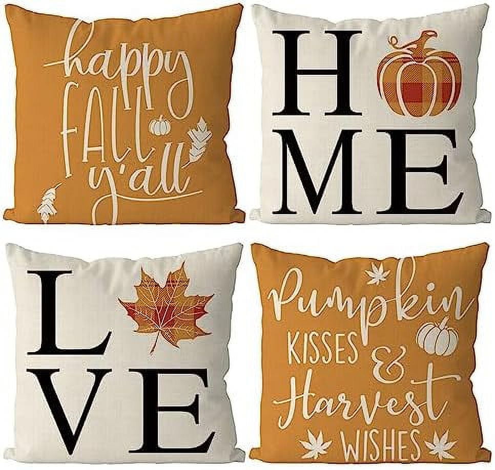 Happy Fall Yall Pillow Cover 20 x 20 Inches Check Plaid Love Home Throw Pillowcase Pumpkins Leaf Harvest Autumn Decorations Cushion Case for Sofa