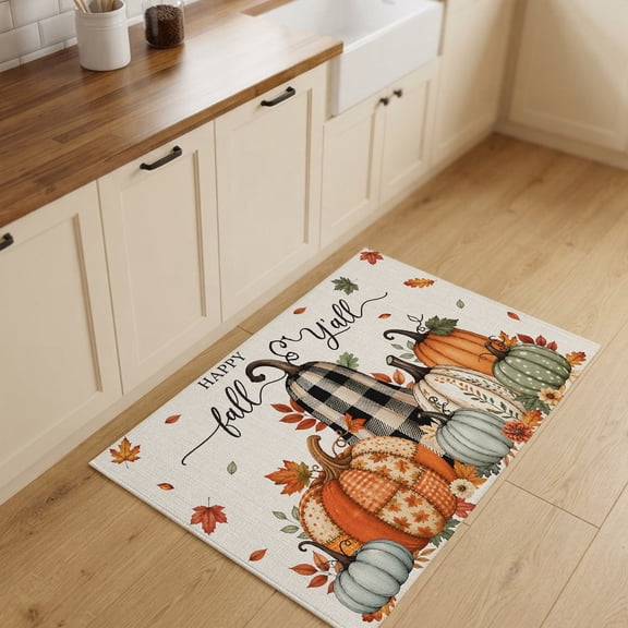Happy Fall Yall Small Area Rugs 2x3 Rustic Linen Orange Plaid Pumpkins Leaf Floral Entryway Rugs Washable Door Mat, Low-Profile Area Rugs Non Slip Floor Carpet for Living Room Bedroom Home Office