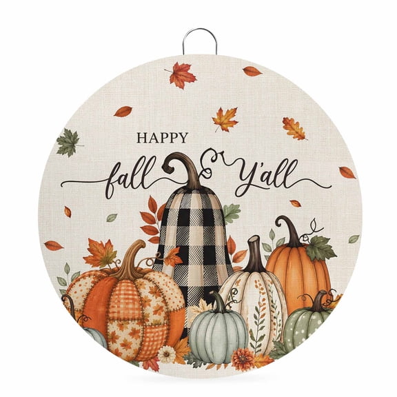 Happy Fall Yall Welcome Sign for Front Door 8 in Rustic Linen Orange Plaid Pumpkins Leaf Floral Round Metal Sign Wall Hanging Sign for Indoor Outdoor Farm Home Porch Wall Decor Thanksgiving Gift