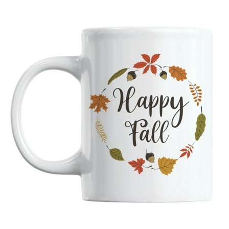 Happy Fall feat. Leaves White Ceramic Coffee & Tea Mug for Autumn (11oz)