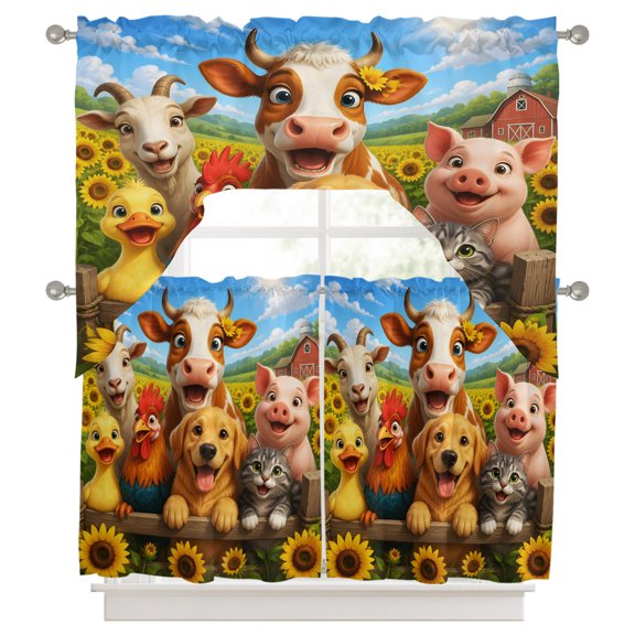 Happy Farm Kitchen Curtains Swag Valance and Tier Curtains Set 36 Inch Length, Cow Dog Barn Country Farmhouse Rod Pocket Drape Panels Pair Swag Curtains for Bathroom/Cafe/Window