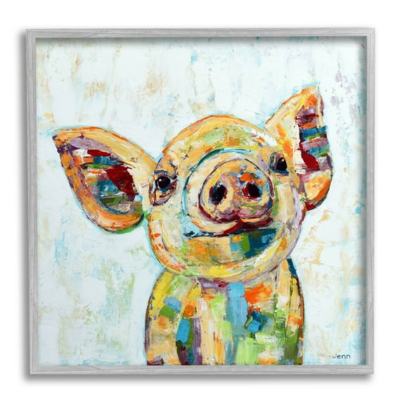 Happy Farm Pig Modern Composition Animals & Insects Painting Gray Framed Art Print Wall Art