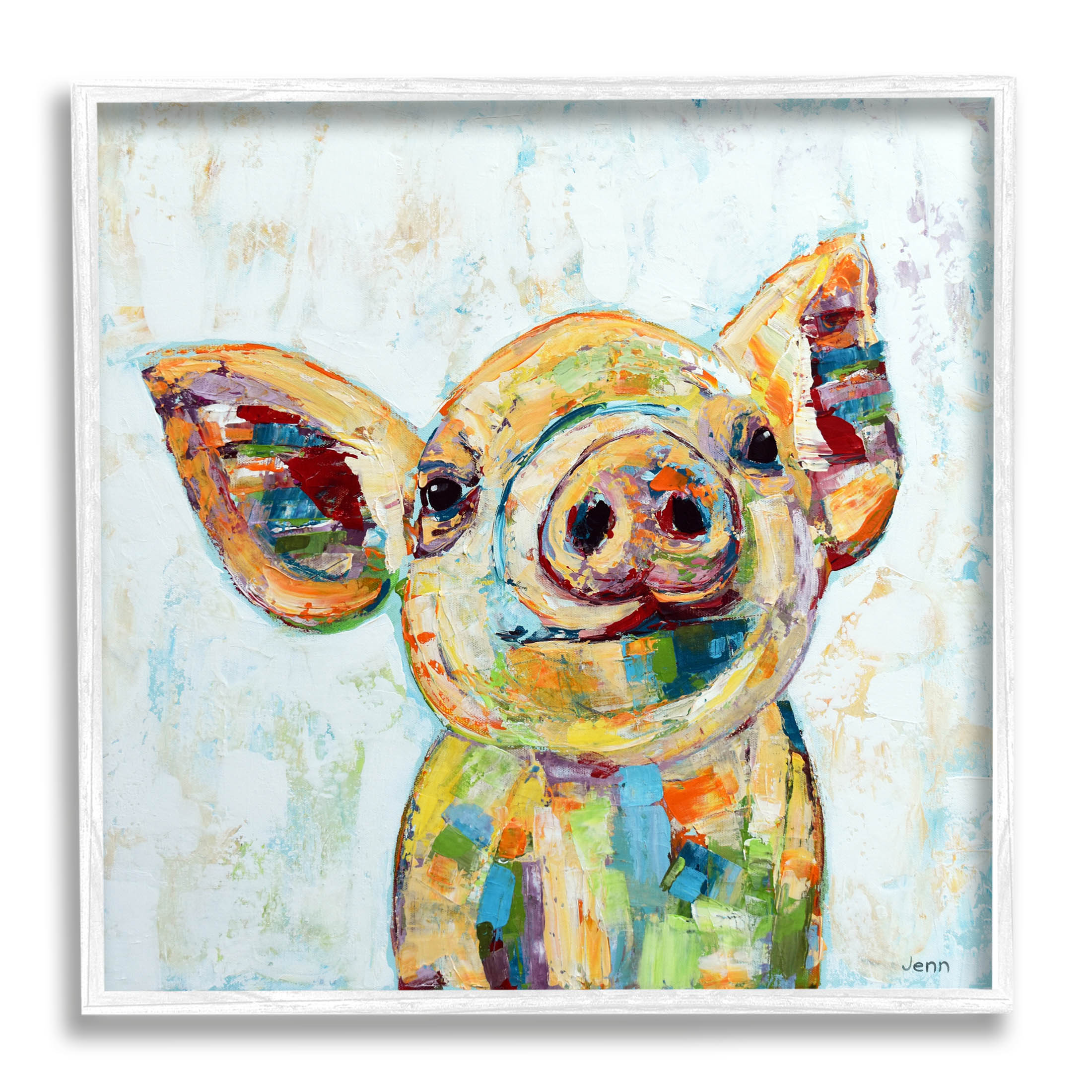 Happy Farm Pig Modern Composition Animals & Insects Painting White Framed Art Print Wall Art