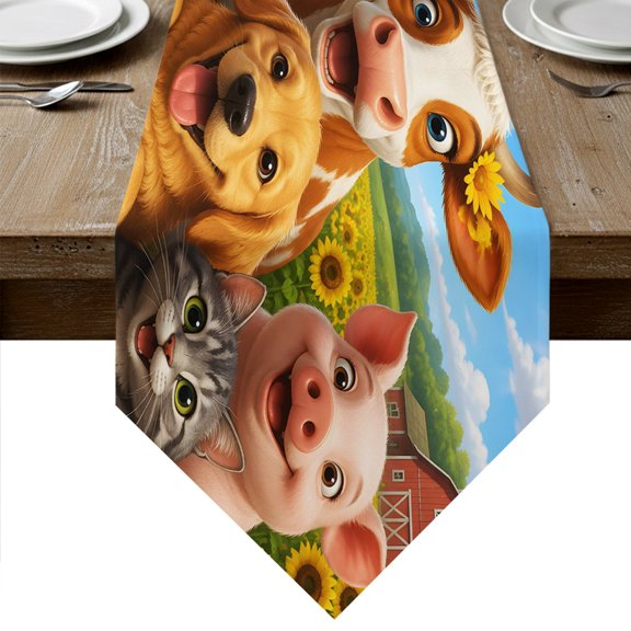 Happy Farm Table Runner Linen Burlap Table Runner 36 Inches Small Cow Dog Barn Country Farmhouse Dresser Scarves for Kitchen Island Coffee Dining Room Party Wedding Banquet Holiday Decoration 13"x36"
