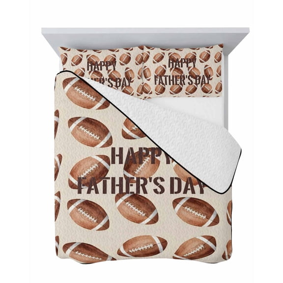 Happy Father's Day 3 Piece Quilt Set Full Size, Football Pattern Brown Gridiron Theme Soft Bedspread Coverlet Bedding Set Microfiber Lightweight Comforter Set with 2 Pillowcases for Bedroom