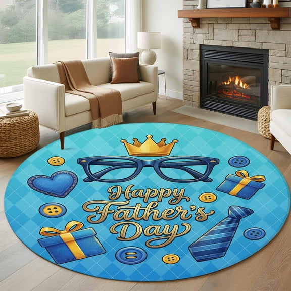 Happy Father's Day 7ft Round Rug for Living Room Conversation Area, Blue Glass Belts Button Rustic Diamond Texture Washable Non Slip Large Circle Area Rug