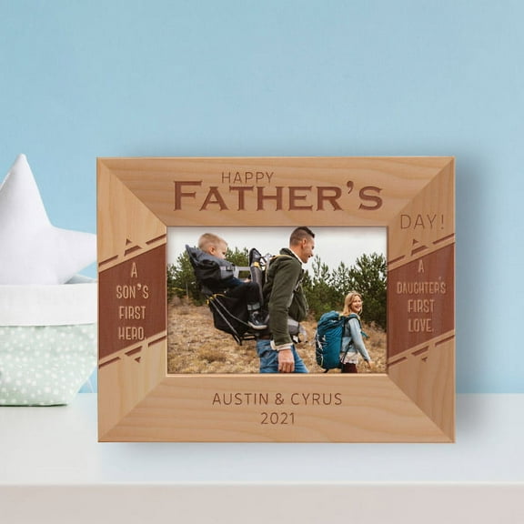 Happy Father's Day A Son's First Hero A Daughter's First Love Personalized Wooden Frame-5" x 3 1/2" Brown Horizontal