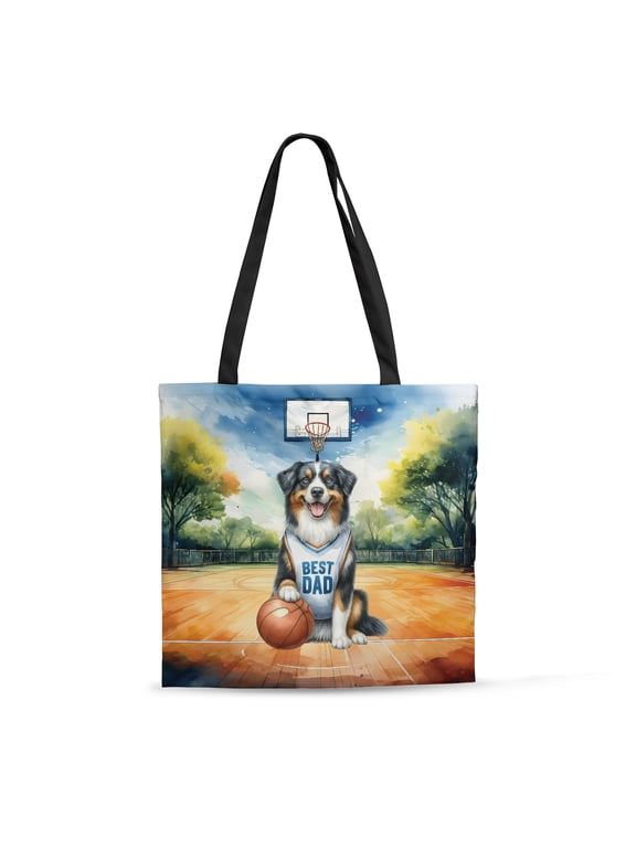 Happy Father's Day Australian Shepherd Playing Basketball with Best Dad Jersey All Over Print 3D Canvas Tote Bag Aussie Dog Lover Gifts Reusable Handbag - 13006