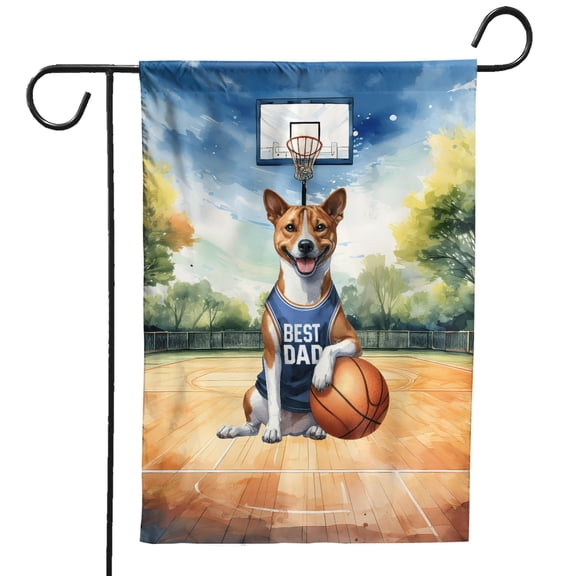 Happy Father's Day Basenji Playing Basketball with Best Dad Jersey Garden Flag 12x18in Double Sided African Barkless Dog Lover Outdoor Decor - 13006
