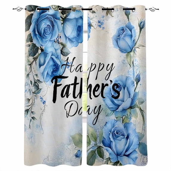 Happy Father's Day Blackout Curtains for Bedroom Living Room Darkening Curtains 90 Inch Blue Spring Garden Floral Black Out Window Curtain Privacy Insulated Window Treatment Grommet Drapes 52"x90"x2