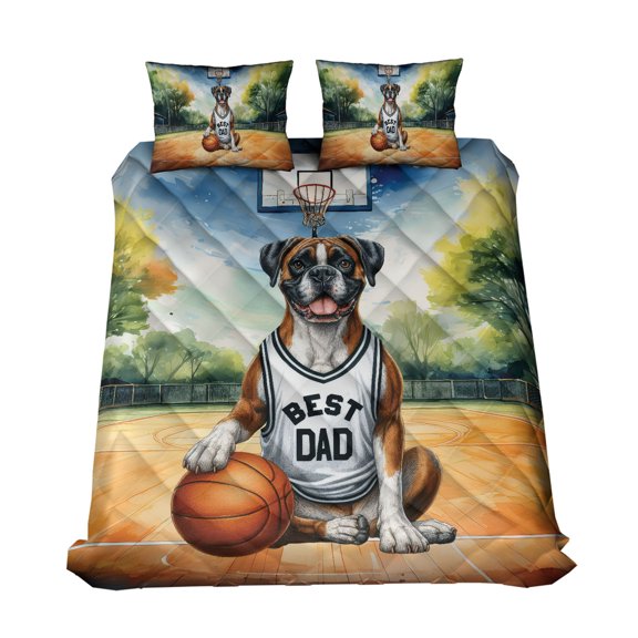 Happy Father's Day Boxer Playing Basketball with Best Dad Jersey Quilt Bedding Set Boxers Dog Lover Gifts Idea 1 Blanket Bed Cover 2 Pillowcases - 13006