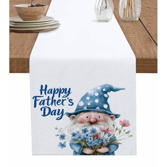 Happy Father's Day Burlap Cotton Table Runner 13x36 Inches Short, Blue Gnomes Floral Botanical Farmhouse Table Runners, Outdoor Dining Tablecloths Decor for Baby Shower/Party/Wedding