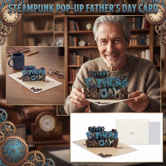 Happy Father's Day Card - Unique 3D Pop Up Greeting Card Gift for Dad, Husband, Grandpa from Son Daughter Wife Steampunk Mechanical Gears Design, Includes Envelope and Blank Note Tag