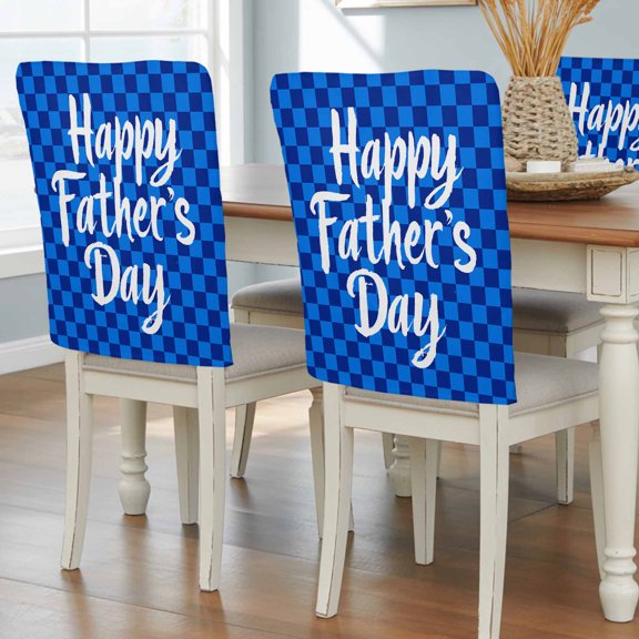 Happy Father's Day Chair Covers Set of 8 Classic Blue Plaid Chair Back Covers Stretch Removable Washable Slipcovers Protector for Dining Room Kitchen Party Decor