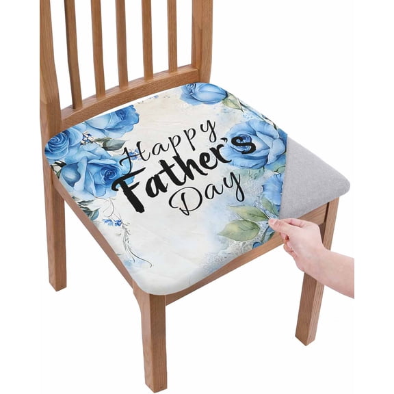 Happy Father's Day Chair Seat Covers for Dining Room Stretch Chair Seat Covers Set of 6, Blue Spring Garden Floral Chair Seat Protector Cushion Slipcovers for Kitchen Restaurant Office