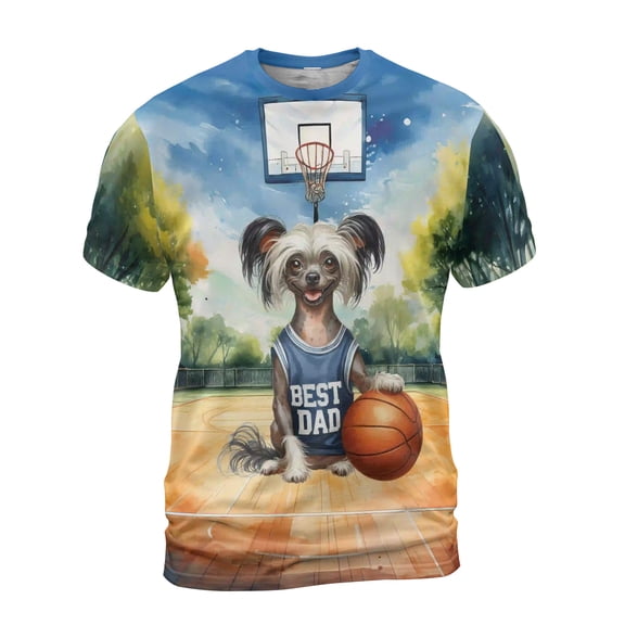Happy Father's Day Chinese Crested Playing Basketball with Best Dad Jersey All Over Print 3D Shirt Unisex Merch Dog Lover - 13006