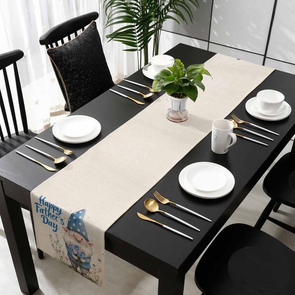 Happy Father's Day Cotton Linen Small Table Runner 13 x 48 inch Blue Gnomes Rustic Garden Floral Non-slip Rectangular Dining Table Decor for Wedding Party Holiday Dinner