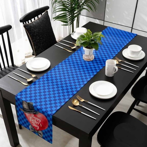 Happy Father's Day Cotton Linen Small Table Runner 13 x 60 inch Love Bow Blue Check Plaid Non-slip Rectangular Dining Table Decor for Wedding Party Holiday Dinner