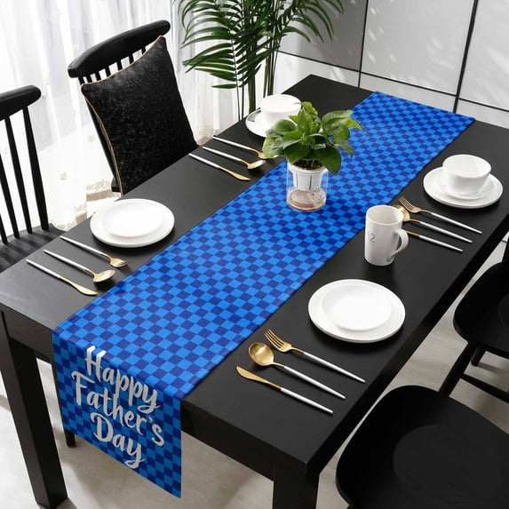 Happy Father's Day Cotton Linen Table Runner 14 x 72 inch Blue Checkered Plaid Non-slip Rectangular Dining Table Decor for Wedding Party Holiday Dinner