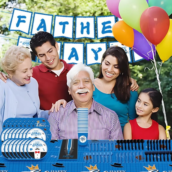 Happy Father's Day Disposable Tableware Set Fathers Day Decorations Father Day Table Decorations Father Day Party Supplies Father's Day Plates Tablecloth Streamer Cups Knives Spoons Fork Birthday