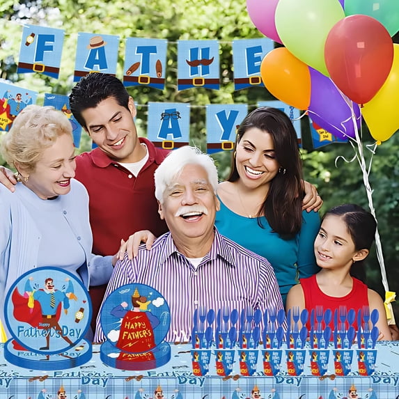 Happy Father's Day Disposable Tableware Set Fathers Day Decorations Father Day Table Decorations Father Day Party Supplies Father's Day Plates Tablecloth Streamer Cups Knives Spoons Fork Birthday