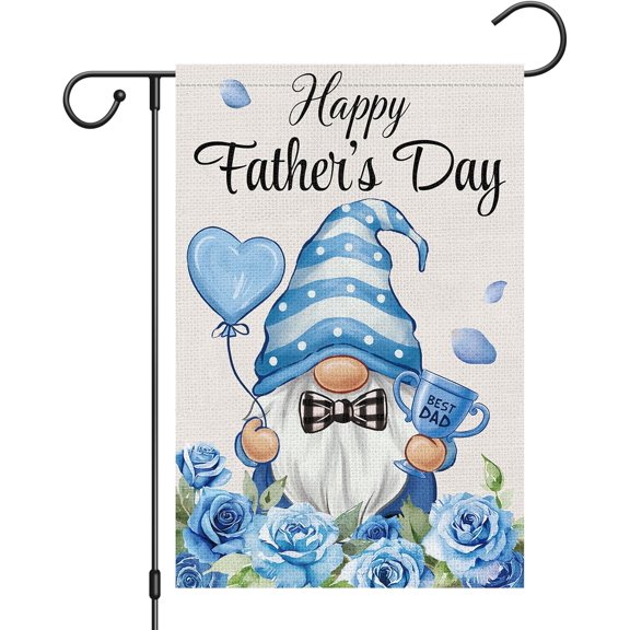 Happy Father's Day Garden Flag 12x18 Double Sided Burlap, Blue Gnome Best Dad Rose Floral Father's Day Yard Banner, Buffalo Plaid Bow Tie Love Heart Trophy Outdoor Decor (ONLY FLAG)