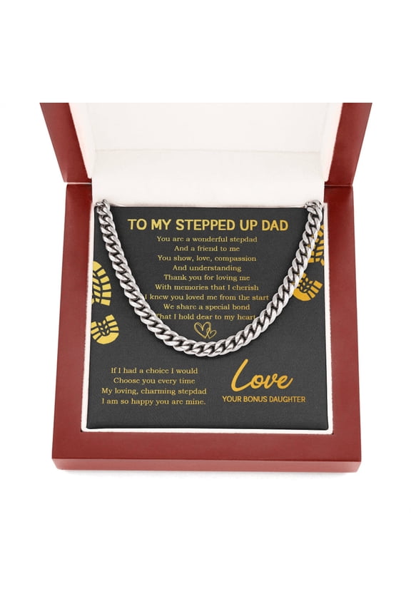 Happy Father's Day Gift for Step Dad, To My Stepped Up Dad Cuban Link Chain Necklace With Card Message And Luxury Box Love Gift From Setp Daughter, Birthday Gift for Bonus Dad
