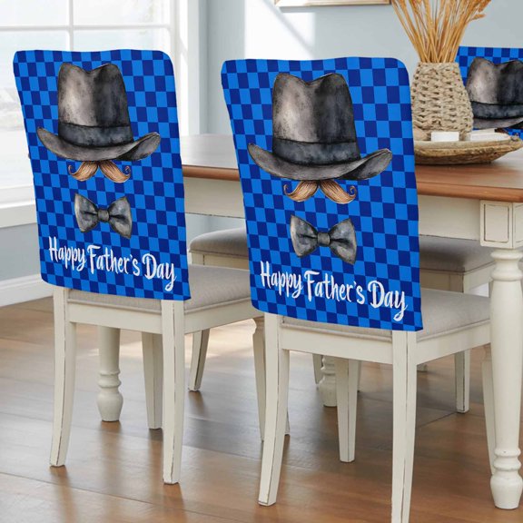 Happy Father's Day Hat Beard Bow Tie Chair Covers Set of 8 Blue Checker Plaid Chair Back Covers Stretch Removable Washable Slipcovers Protector for Dining Room Kitchen Party Decor