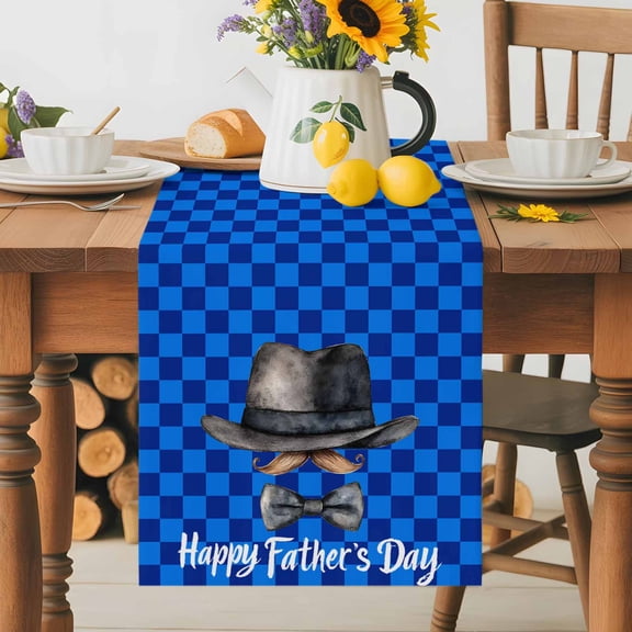 Happy Father's Day Hat Beard Bow Tie Table Runner 36 Inches Long, Blue Checker Plaid Table Runners Tabletop Scarf Kitchen Dining Tables Decoration for Home Party Indoor Outdoor