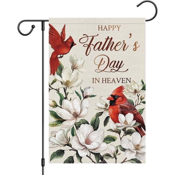Happy Father's Day in Heaven Garden Flag 12 x 18 Inch Double Sided Burlap, Cardinal Lily Flower Love Dad Memorial Banner for Daddy Papa Grandpa Outdoor Cemetery Decoration (ONLY FLAG)