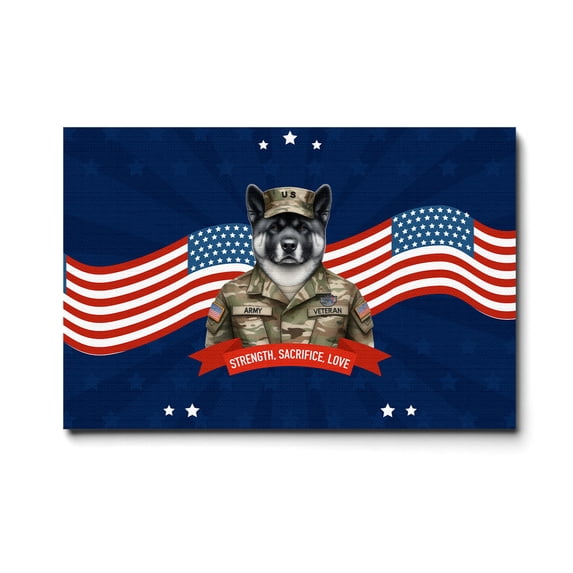 Happy Father's Day Honoring Veterans Akita in Army Uniform Horizontal Matte Canvas Poster Inu Dog Lover Wall Art Home Decor - 13007
